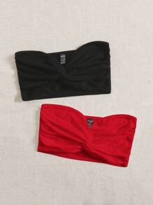 SHEIN Essnce Two-Piece Set Women's Solid Color Twist Crop Tube Top - Red - View 5