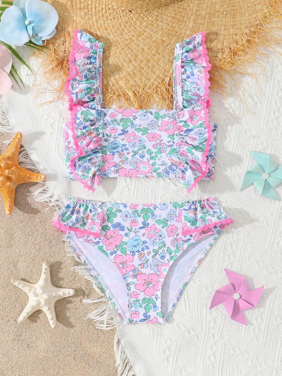 Young Girl Minimalist Fashion Casual Daily Camisole & Brief Swimwear Set - Blue - View 1