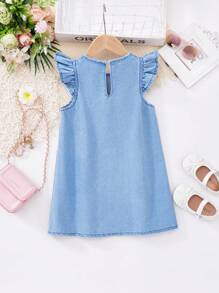 SHEIN Young Girl'Elegant Sky Blue Autumn Y2K White Flower Printed Blue Denim Cap Sleeve Dress,Kid Girls Casual Vacation Boho Beach Western Street Wear - Light Wash - View 2