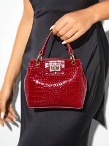 SHEIN BAE Fashion Solid Color Stone Texture PU Leather Bucket Handbag Valentines - Red - View 2