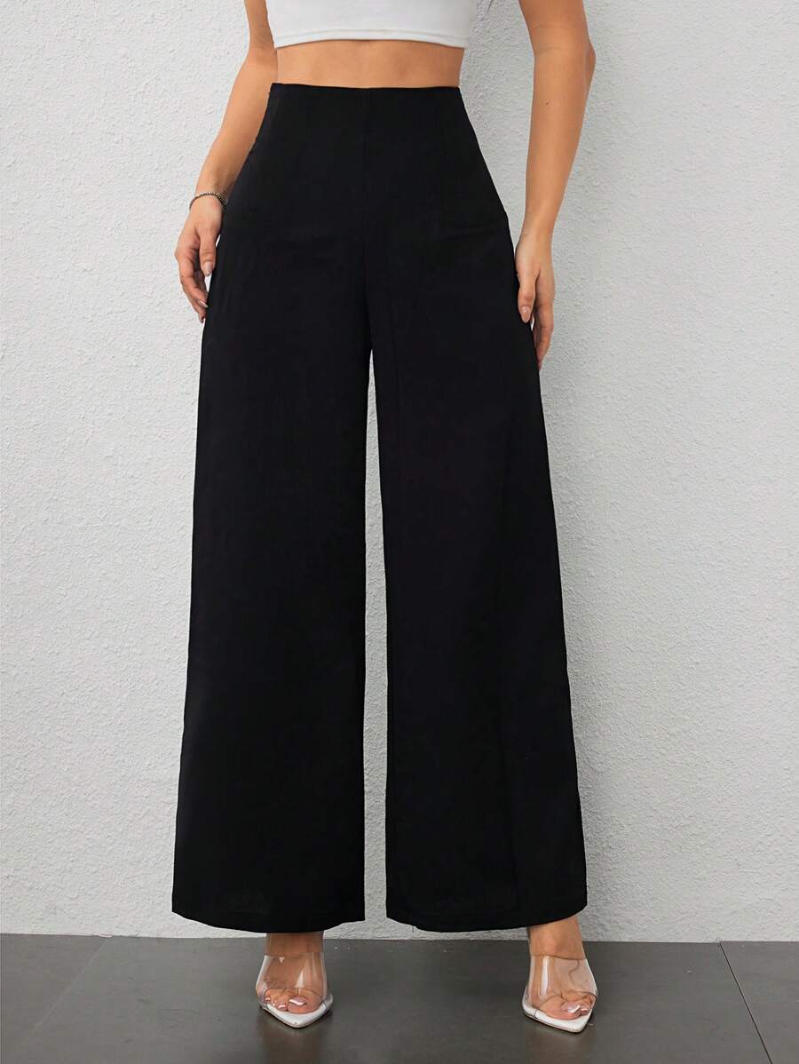 SHEIN PETITE Women's Simple Casual Fashion Back-To-School Season Old Money Commuting High-Waist Texture Wide-Leg Trousers