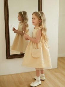 Fetă tânără Rochie A-Line Fără mâneci cu fundă 3D, elegantă, de culoare solidă