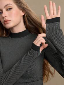 SHEIN 女士条纹圆领长袖短款运动衫 - 黑色 - 查看 6