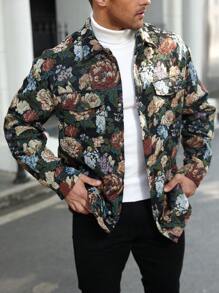 Manfinity Homme Plus Size Men's Floral Jacquard Pattern Single Breasted Long Sleeve Jacket