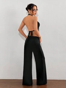 SHEIN EZwear Women Old Money Style Black Solid Backless Halter Tank Top And Pants Set - Black - View 2