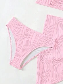 SHEIN Tween Girl Solid Color Halter Bikini Set With Coverup & Mini Skirt - Pink - View 4