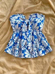Soleia Ladies' Holiday Blue And White Tropical Floral Print Tube Ruffled Waist A-Line Crop Top, Suitable For Date, Beach, Afternoon Tea - Blue and White - View 4