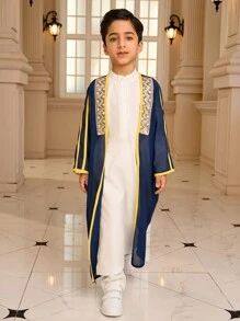 2pcs/Set Young Boy Long Sleeve Mesh Outerwear & Long Sleeve Half-Open Collar Shirt Set - Multicolor - View 3