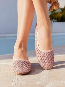 Styleloop Women's Fashion Square Toe Casual/Office Hook-And-Loop Breathable Hollow Mesh Slip-On Flat Shoes, Apricot - Pink - View 3
