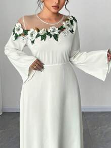 SHEIN Unity Plus Size Women Elegant Floral Embroidery Decor Off Shoulder Flare Sleeve A-Line Dress - Apricot - View 5