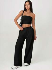 SHEIN PETITE 女士黑色两件套：休闲抹胸和阔腿裤套装，度假装女士 - 黑色 - 查看 6