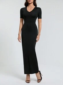 SHEIN Tall Dames effen V-hals bodycon korte mouw jurk Hoco Jurken