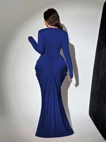 Viva Relle Plus Size Deep V-Neck Long Sleeve Ruched Dress Fall Cloth For Women - Blue - View 4