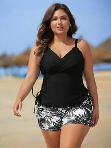 Swim Lushoire Plus Size Women 2pcs/Set Floral Print Tankini Swimwear, Conservative Four-Leg Style, Slimming, For Summer Beach Vacation - Black - View 5
