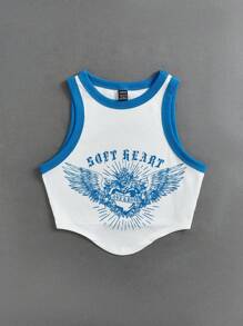 SHEIN EZwear Angel Wings And Letter Printed Tank Top - Blue and White - View 3