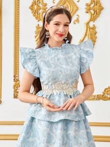 SHEIN 少女立领荷叶边袖花卉刺绣衬衫和百褶裙 2 件套 - 藍色 - 查看 7