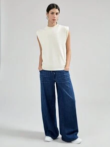 Ontre Women's Dark Blue Jeans Casual Low Rise Wide Leg Pants Drawstring Waistband Spring Jeans - Dark Wash - View 5
