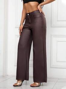 SHEIN PETITE Women's Solid Color Pocketed Wide Leg Loose Casual Pants Fall Cloth For Women