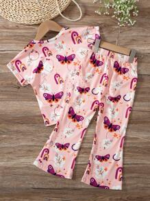 Set da 2 pezzi per ragazze giovani, composto da maglietta a maniche corte con stampa farfalla e pantaloni a zampa con costine, adatto per uso casual quotidiano e tempo libero, estivo