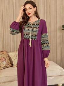 Al Najma Women's Elegant Arabic Style Mixed Geometric Print Lantern Sleeve Dress,Modest - Red Violet - View 4