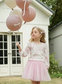 SHEIN Set da 2 pezzi per ragazze giovani: Deliziosa e dolce camicetta a maniche lunghe con stampa a fiocco + gonna tulle tinta unita, outfit morbido ed elegante, perfetto per abito da principessa, uscite, festival e raduni con famiglia e amici