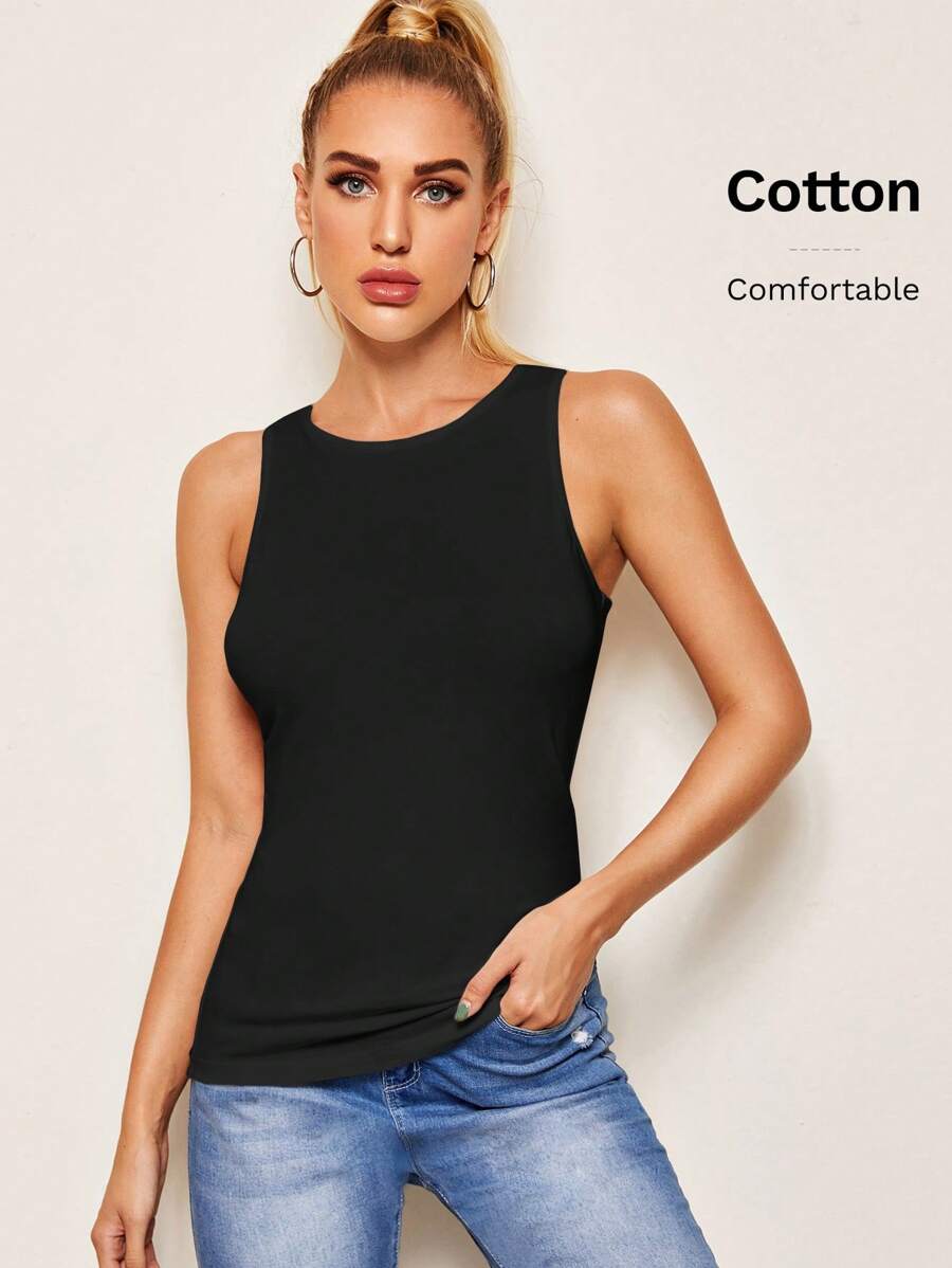 SHEIN Essnce Solid Fitted Tank Top - Black - View 1