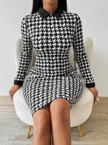 Fleurora Vestido de oficina, iglesia, informal y elegante de talla grande para primavera y verano. Vestido de tweed con estampado de pata de gallo, cuello de camisa, para mujer de talla grande