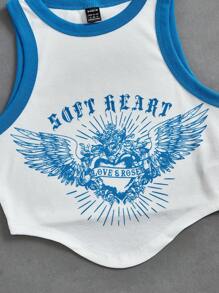 SHEIN EZwear Angel Wings And Letter Printed Tank Top - Blue and White - View 4