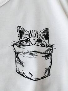 SHEIN LUNE Plus Size Cute Cat Pocket Graphic V-Neck Short Sleeve T-Shirt - White - View 2