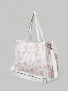 ROMWE Kawaii 女士宽敞白色灯芯绒手提包 - 蝴蝶结和花卉印花可转换手提包，可斜挎/肩背 - 粉色 - 查看 4