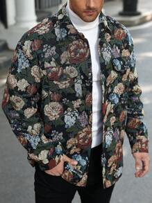 Manfinity Homme Plus Size Men's Floral Jacquard Pattern Single Breasted Long Sleeve Jacket