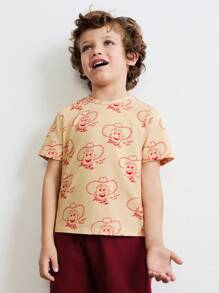 SHEIN Boys Cute Portrait Print Loose Fit Crew Neck Short Sleeve Knitted T-Shirt And Elastic Waist Drawstring Red Sweatpants Set - Khaki - View 6