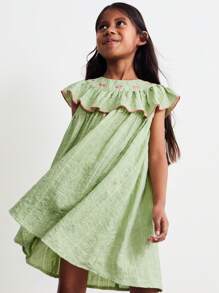 SHEIN Young Girls' Loose Round Neck Dress With Cherry Blossom Embroidery, Ruffle Hem And Cap Sleeves, Green, Casual Mori Style For Spring & Vacation