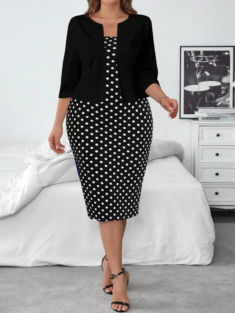 SHEIN Clasi 2pcs/Set Plus Size Polka Dot Print Fitted Dress & Solid Color Blouse,Spring Clothes - Black and White - View 8