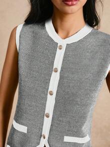 Poéselle New Contrast Stripe Knitted Camisole Vest, Fashionable Sleeveless Women' Cropped Top - White - View 2