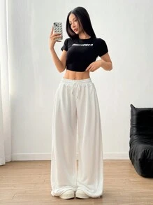 SHEIN EZwear 女士纯色抽绳腰阔腿休闲运动裤 - 白色 - 查看 6