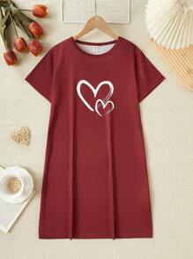复古红色女孩画笔心形图案简约舒适短袖睡袍，睡衣 - 紅色 - 查看 3