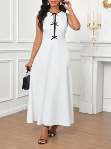 SHEIN Lady Bow Decoration, White Sleeveless Long Skirt With Black Contrasting Edges Office Dress Elegant Party Wear, Four Seasons - White - View 4