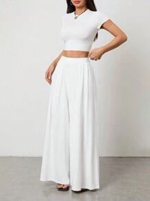 SHEIN PETITE Solid Color Short Sleeve T-Shirt And Wide Leg Pants Set, Minimalist Fashion Casual Daily Wear