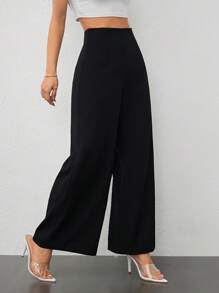 SHEIN PETITE Women's Simple Casual Fashion Back-To-School Season Old Money Commuting High-Waist Texture Wide-Leg Trousers