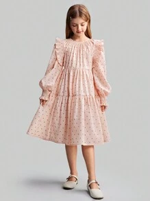 Ontre Tween Girls' Vintage Countryside Resort Polka Dot Decor Puff Sleeve Ruffle Zoom Fit & Flare Casual Comfy Homewear Of Back To School Dress, Lente/Zomer
