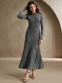 Anewsta Metallic Ribbed Knit Mermaid Dress, Long Sleeve - Black - View 6