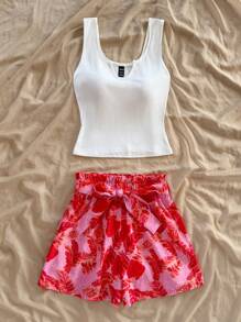 Soleia 2pcs/Set Women's Solid Color Tank Top & Floral Print Shorts, Vacation & Casual Set, Summer Outfit
