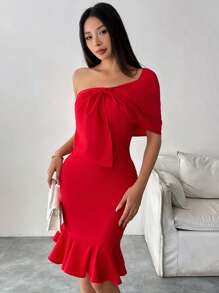 Calvaya Elegant Fitted Solid Color Bow Decor Ruffle Hem Bodycon Dress