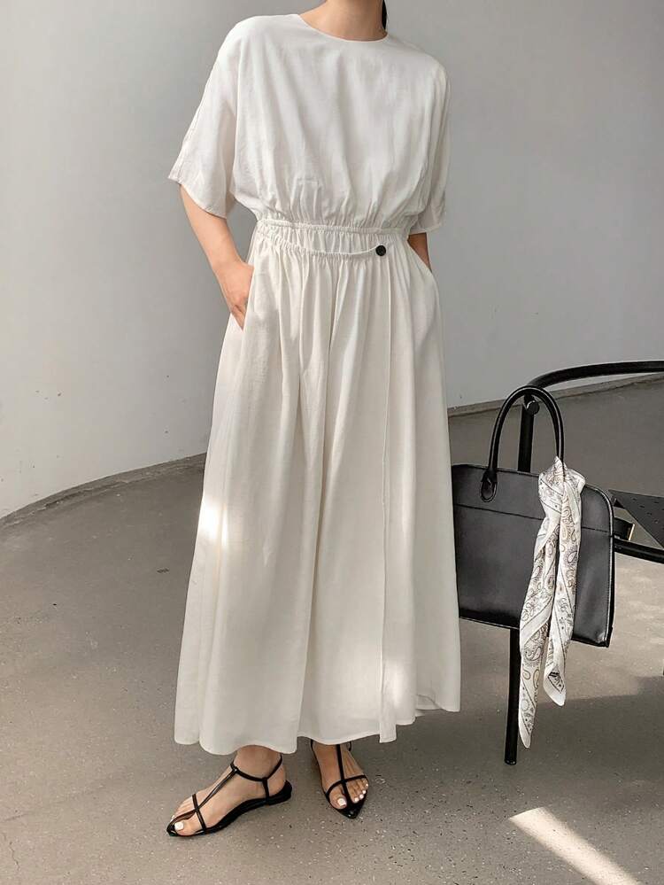 Casual Business Loose Design Sense Asymmetrical Button Waist Midi Dress For Women Old Money Style,Teacher Outfits