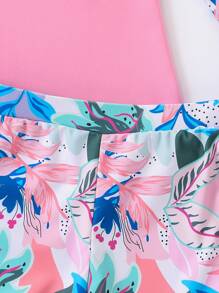 Tween Girl Tropical Plant Print Raglan Sleeve Tankini Two-Piece Swimwear Set - Multicolor - View 5