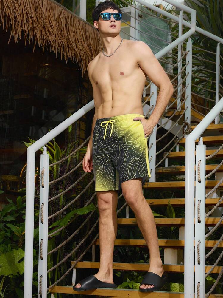 Manfinity Men's Striped Print Pocket Beach Shorts - Mustard Yellow - View 8