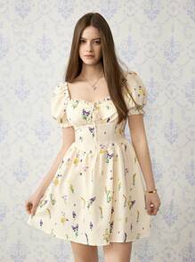 SHEIN MOD Cream Summer Casual Flowy Party Floral Short Dress,Ruffle Front Tie Puff Sleeve Bohemian Vacation Brunch Elegant Graduation Easter Dress For Women - Apricot - View 5