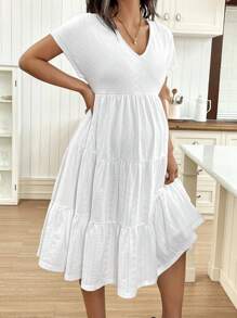 SHEIN Maternity V-Neck Short Sleeve Ruffle Hem Casual Dress - White - View 6