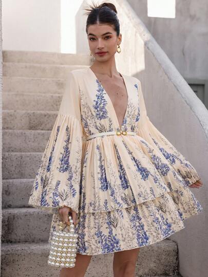 Aveloria Rosie French Elegant Blue Random Print V-Neck Layered Ruffled Hem Short Dress, Girlfriend Gift Occasion Wear With Long Sleeve Fall Cloth For Women